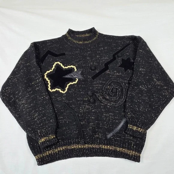 Vintage 80s Celestial Gold Sparkle Star Velvet Patch Mock Neck Sweater Womens L‎ - Picture 2 of 16
